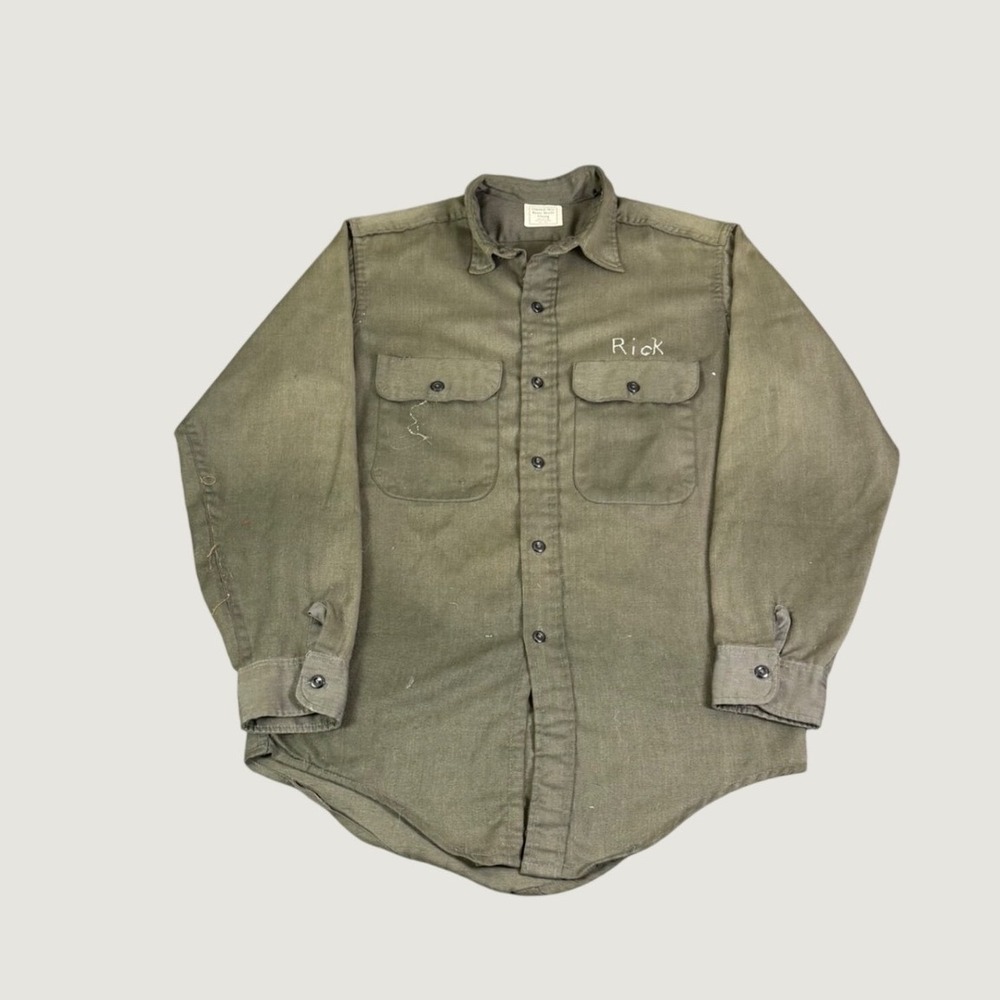 Vintage Permanent Press Work Shirt Olive Green Rick Tree Service Distressed L - Picture 1 of 8